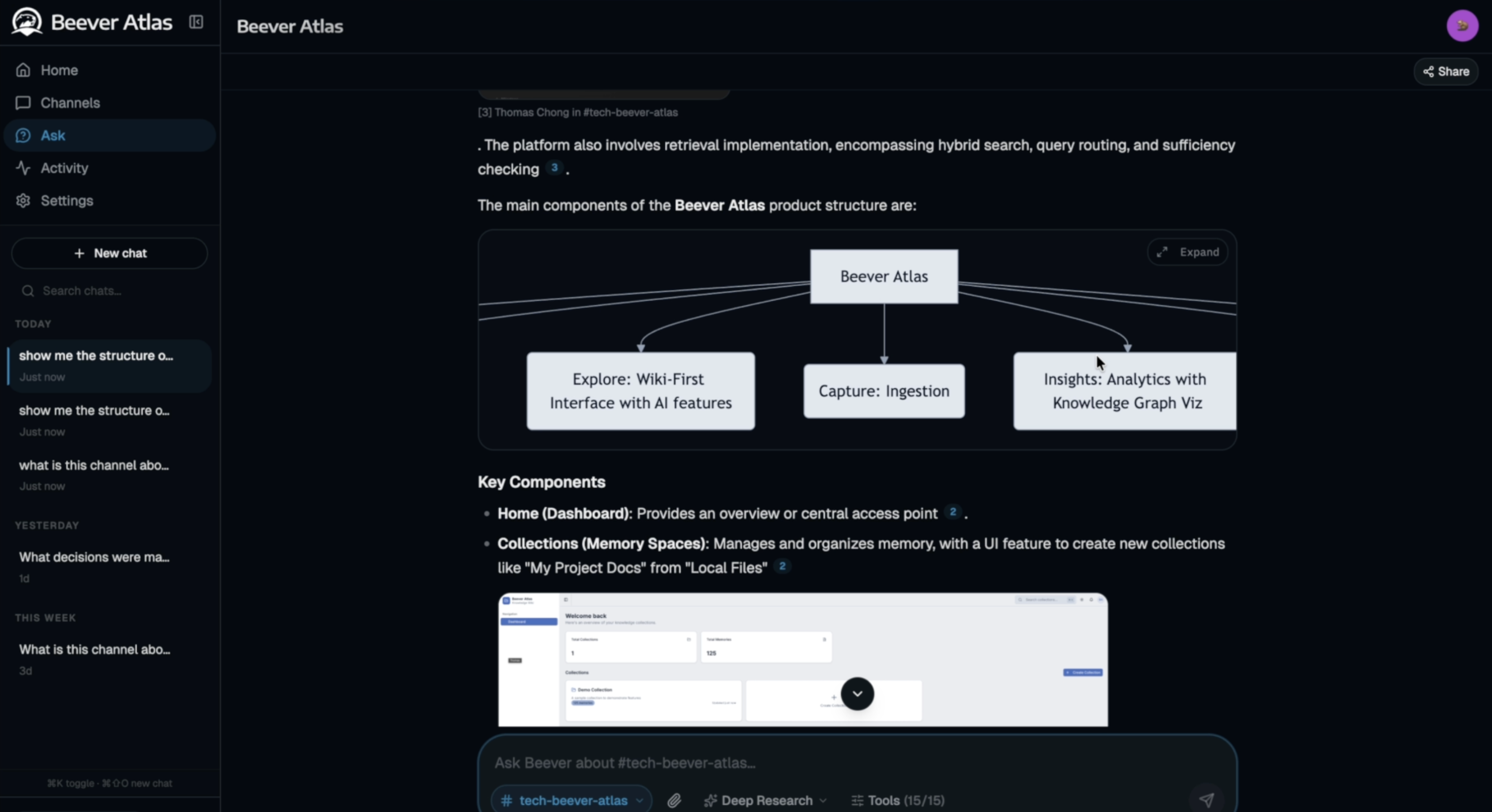 Beever Atlas knowledge graph view with entity types and citation chips